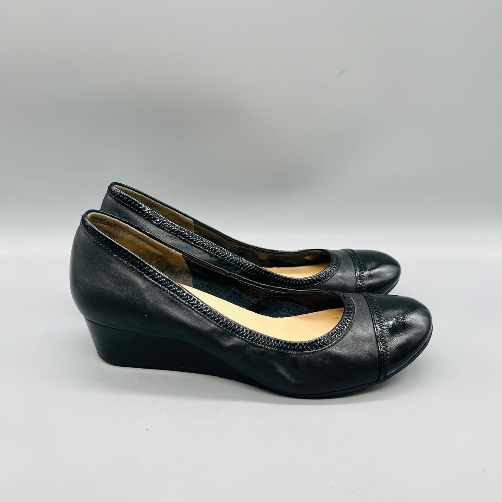 Cole Haan Shoes Womens 8.5 Black Leather Patent Cap Toe Vtg Air Wedge Heel Pumps
